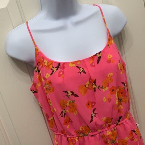 Free Bird Medium Pink Scoop Neck Spaghetti Straps Hi Lo Hem Birds Flowers Dress - Picture 3 of 8